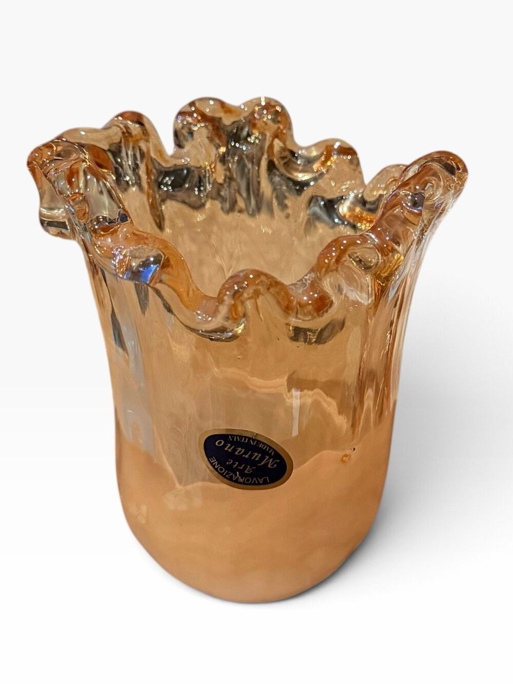 MURANO ITALY Hand Blown Glass Lavorazione Arte Vase 6” Peachy Swirl Ruffled Rim